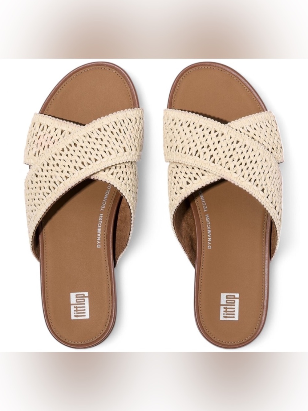 FitFlop Gracie Cream Raffia Cross Band Leather Slides Summer Sandals size 9/41